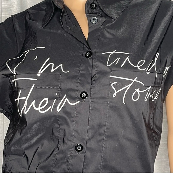 Emerson Lang Black Button-Down Women's “I’m tired of their stories” Shirt NWT - Picture 3 of 15